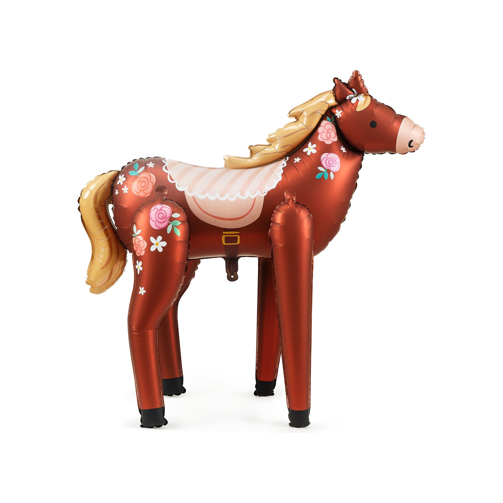 Large standing foil horse balloon with floral design for kids birthday party
