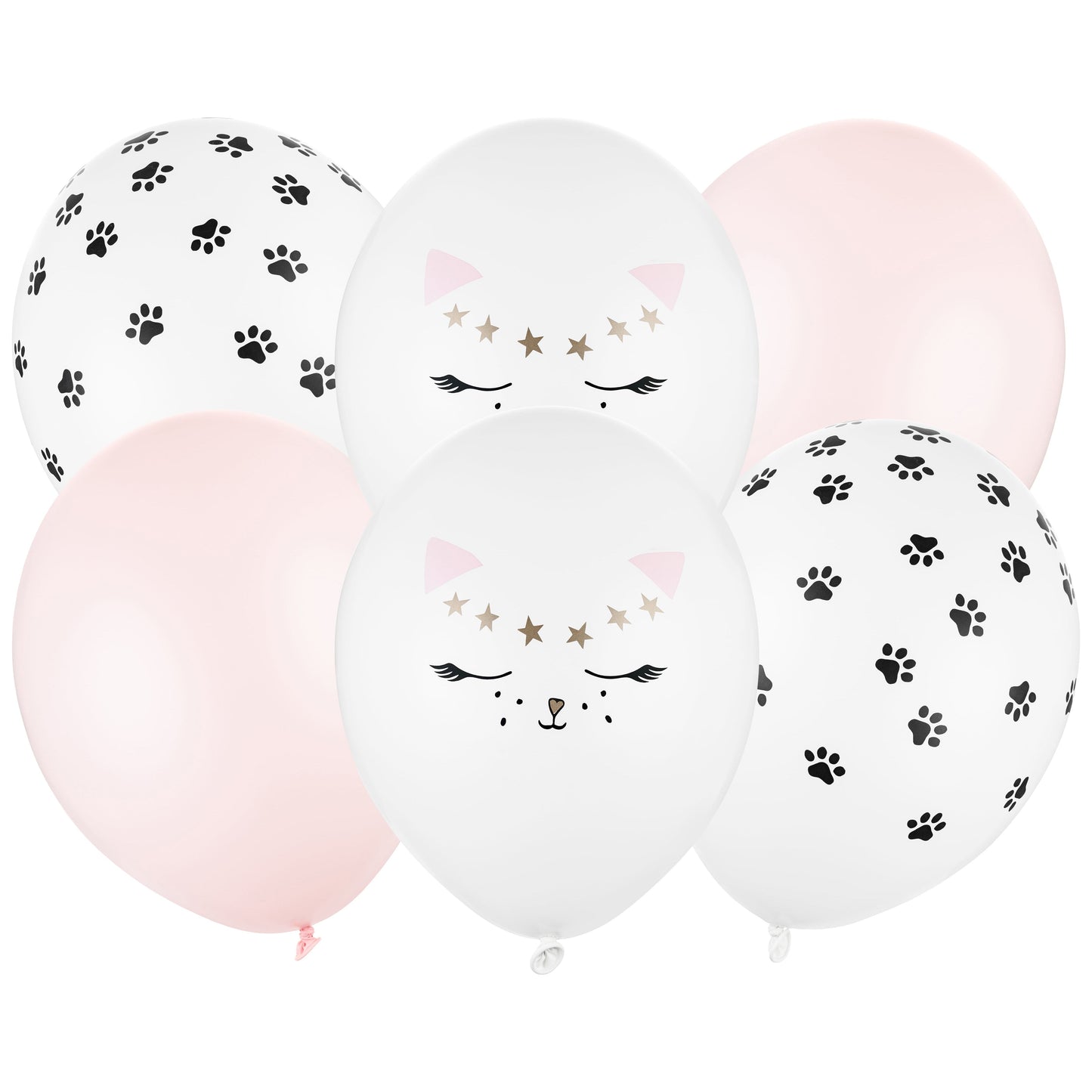 Set of pastel kitty-themed latex balloons with paw prints and cat faces, ideal for birthday decor and kids' parties.