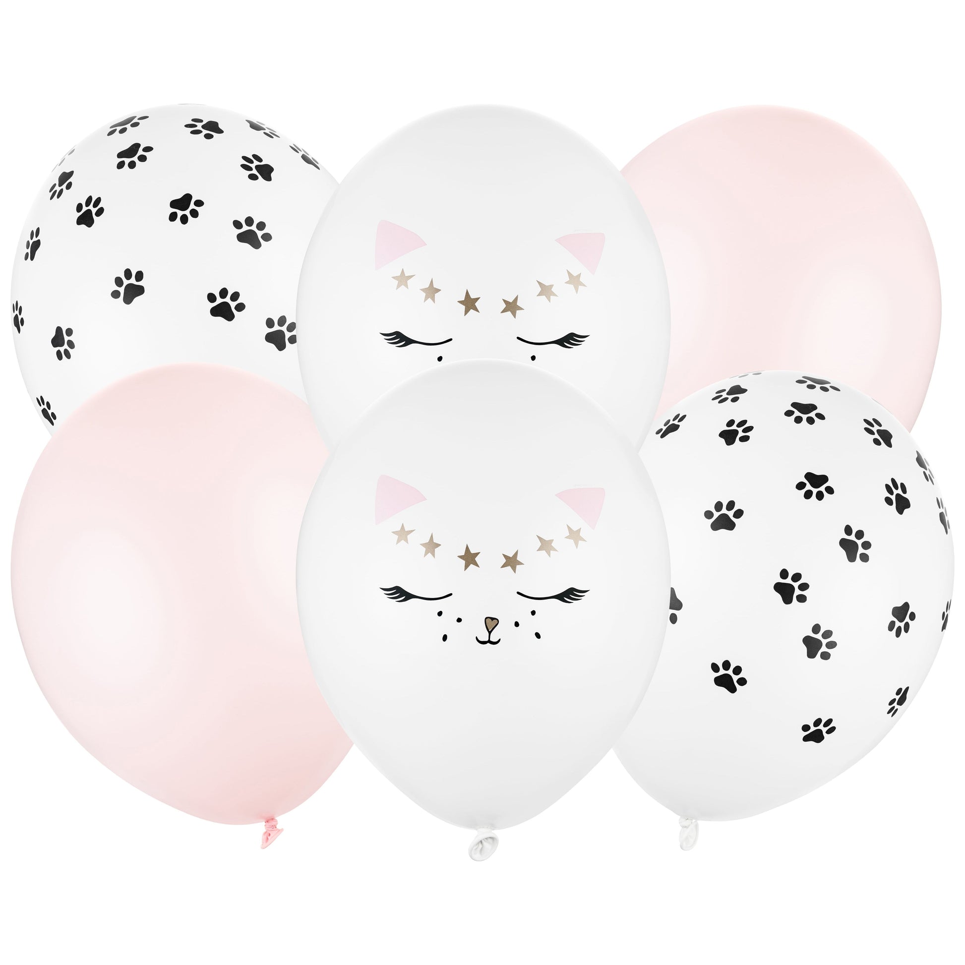 Set of pastel kitty-themed latex balloons with paw prints and cat faces, ideal for birthday decor and kids' parties.