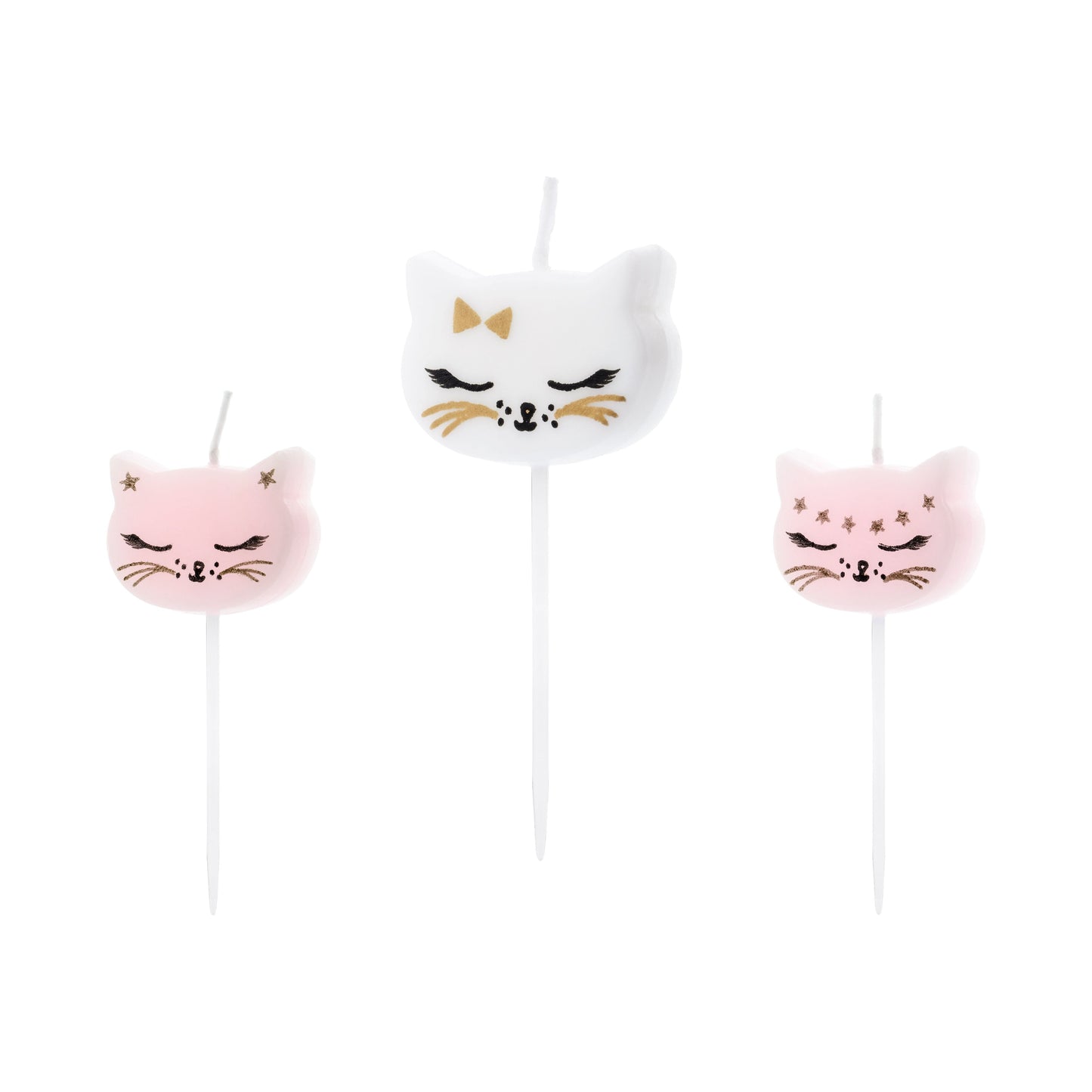 Adorable cat face birthday candles in pink and white, perfect cake toppers for kitty-themed celebrations.
