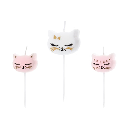 Adorable cat face birthday candles in pink and white, perfect cake toppers for kitty-themed celebrations.