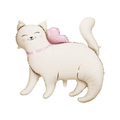Large foil balloon shaped like a standing cat with pink heart, ideal for cat lovers' parties and birthdays.