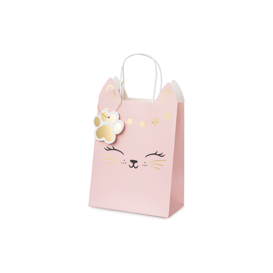 Pink gift bag with cat face and star design, ideal for party favors or birthday gifts for cat-themed celebrations.