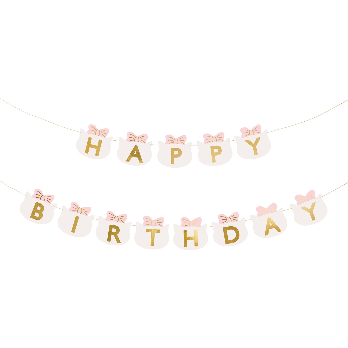 Cute "Happy Birthday" banner with cat face cutouts and pink bows, perfect for kitty-themed party decoration.