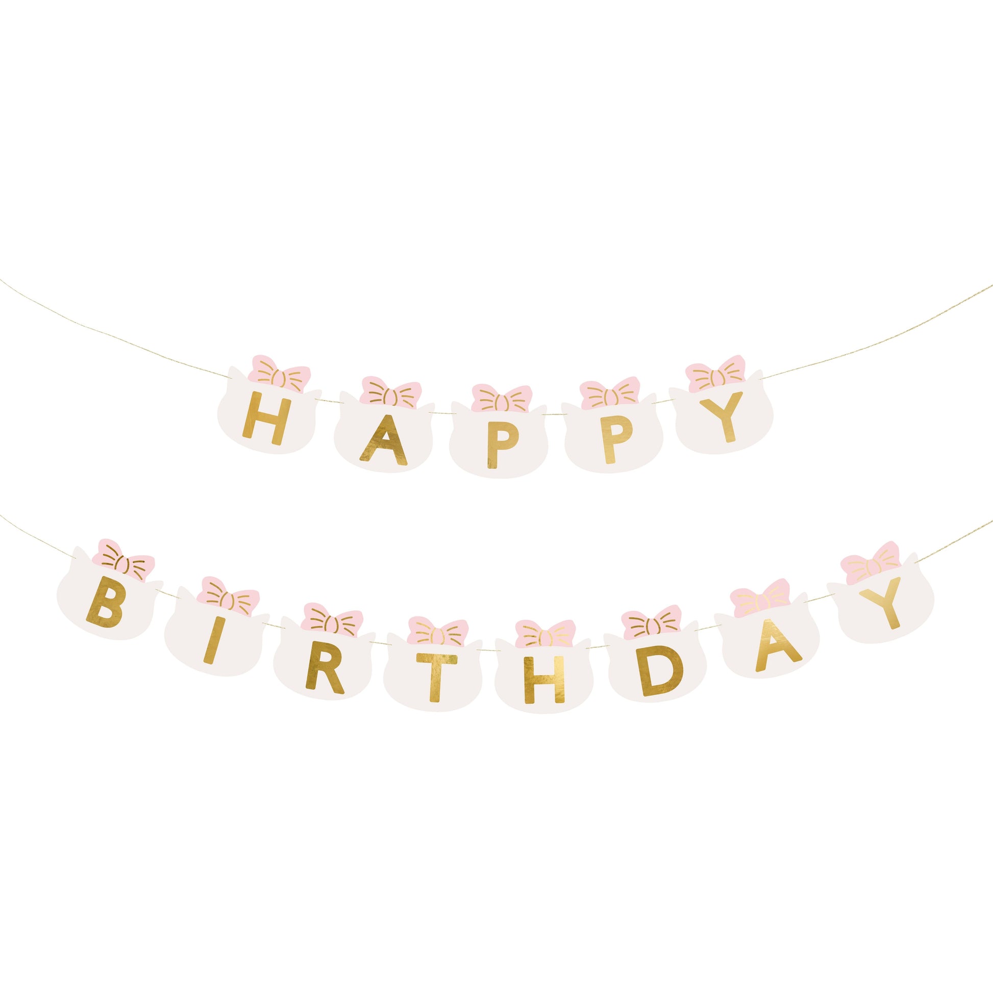 Cute "Happy Birthday" banner with cat face cutouts and pink bows, perfect for kitty-themed party decoration.