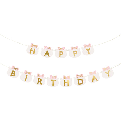 Cute "Happy Birthday" banner with cat face cutouts and pink bows, perfect for kitty-themed party decoration.