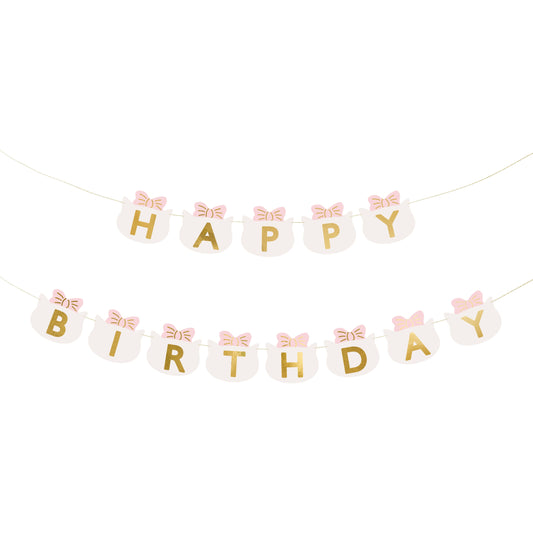 Cute "Happy Birthday" banner with cat face cutouts and pink bows, perfect for kitty-themed party decoration.