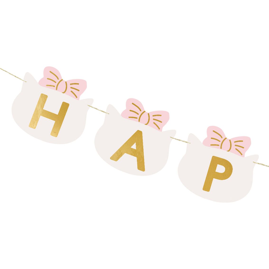Cute "Happy Birthday" banner with cat face cutouts and pink bows, perfect for kitty-themed party decoration.