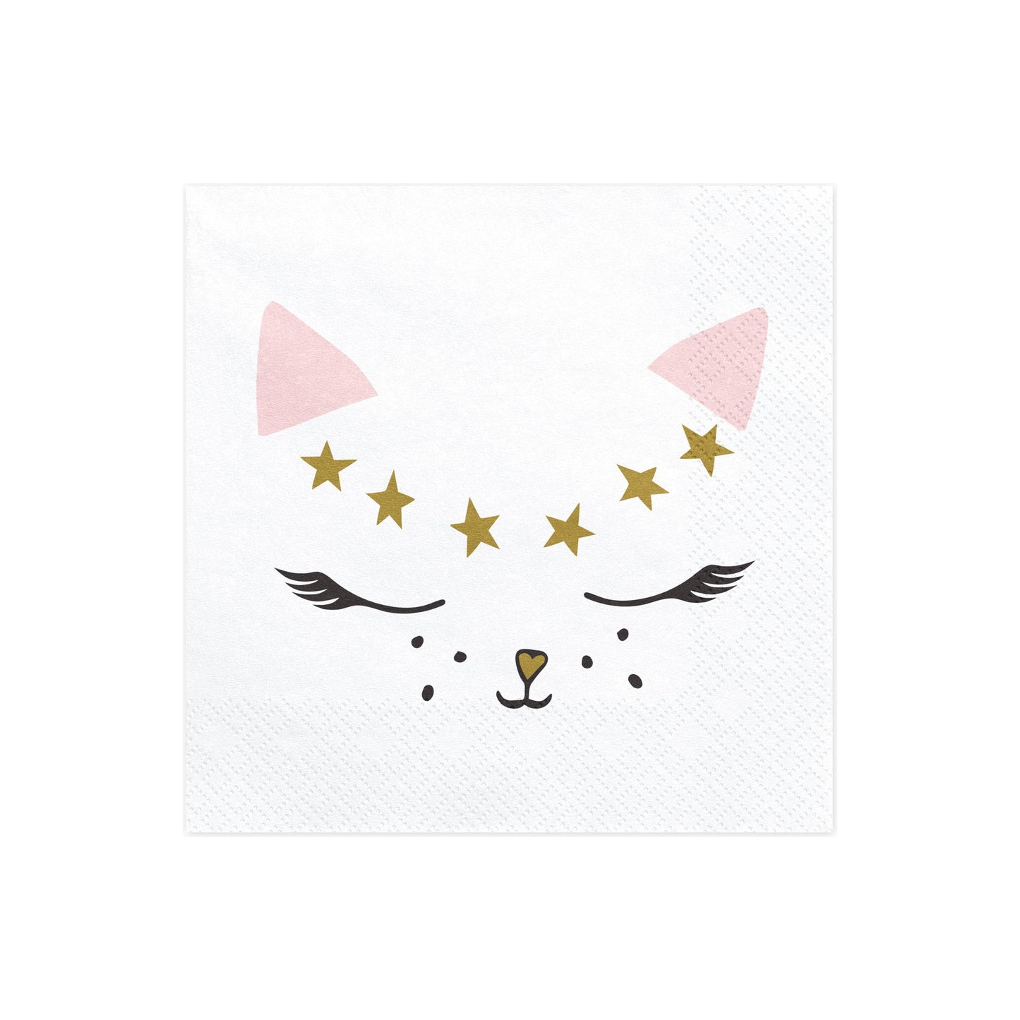 White napkins with cat face, pink ears and gold stars, perfect for kitty party table settings.