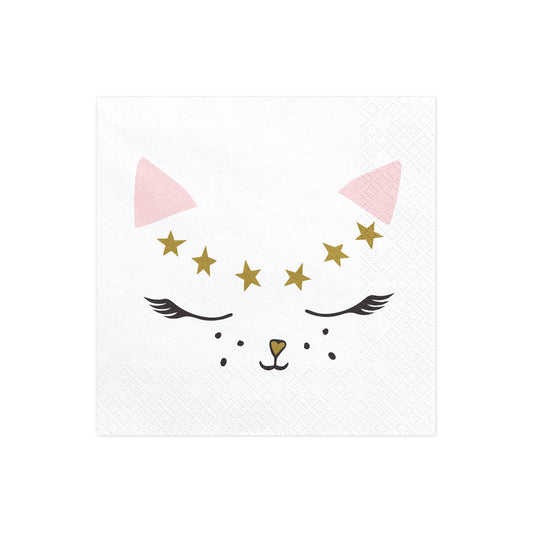 White napkins with cat face, pink ears and gold stars, perfect for kitty party table settings.