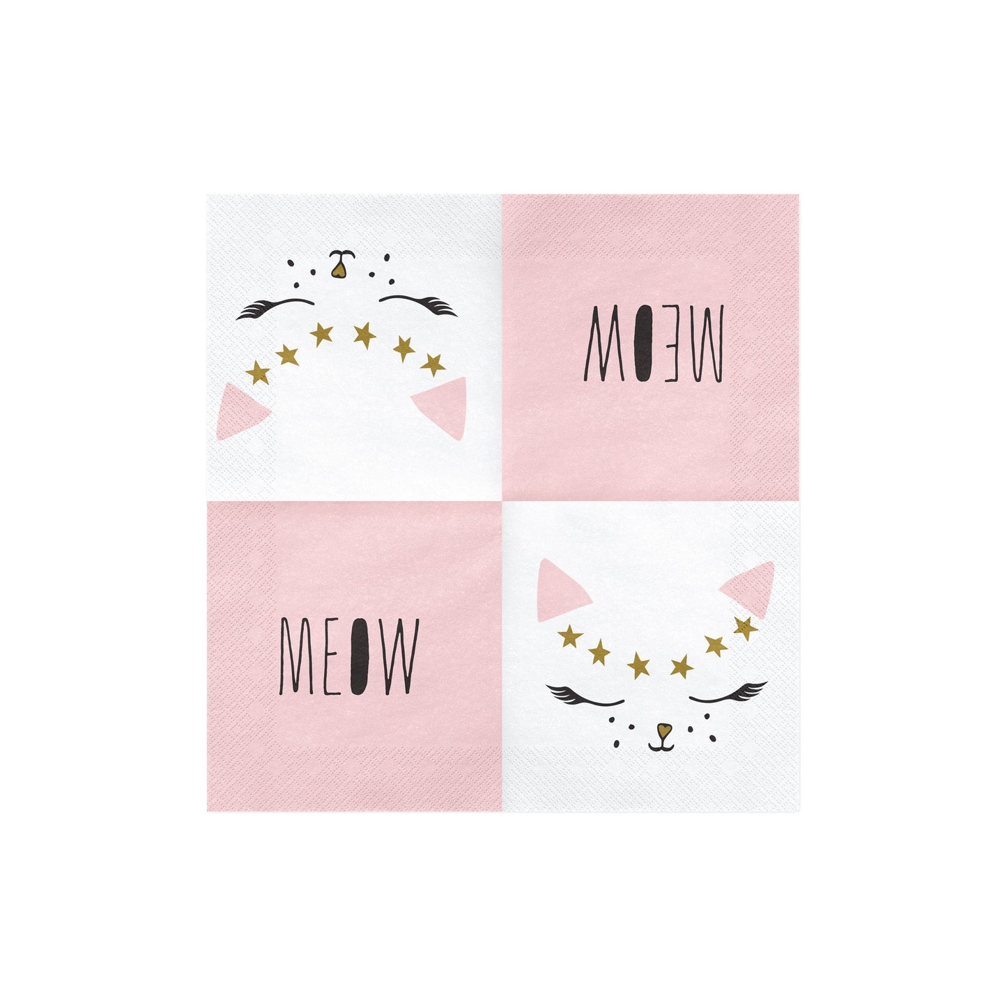 White napkins with cat face, pink ears and gold stars, perfect for kitty party table settings.