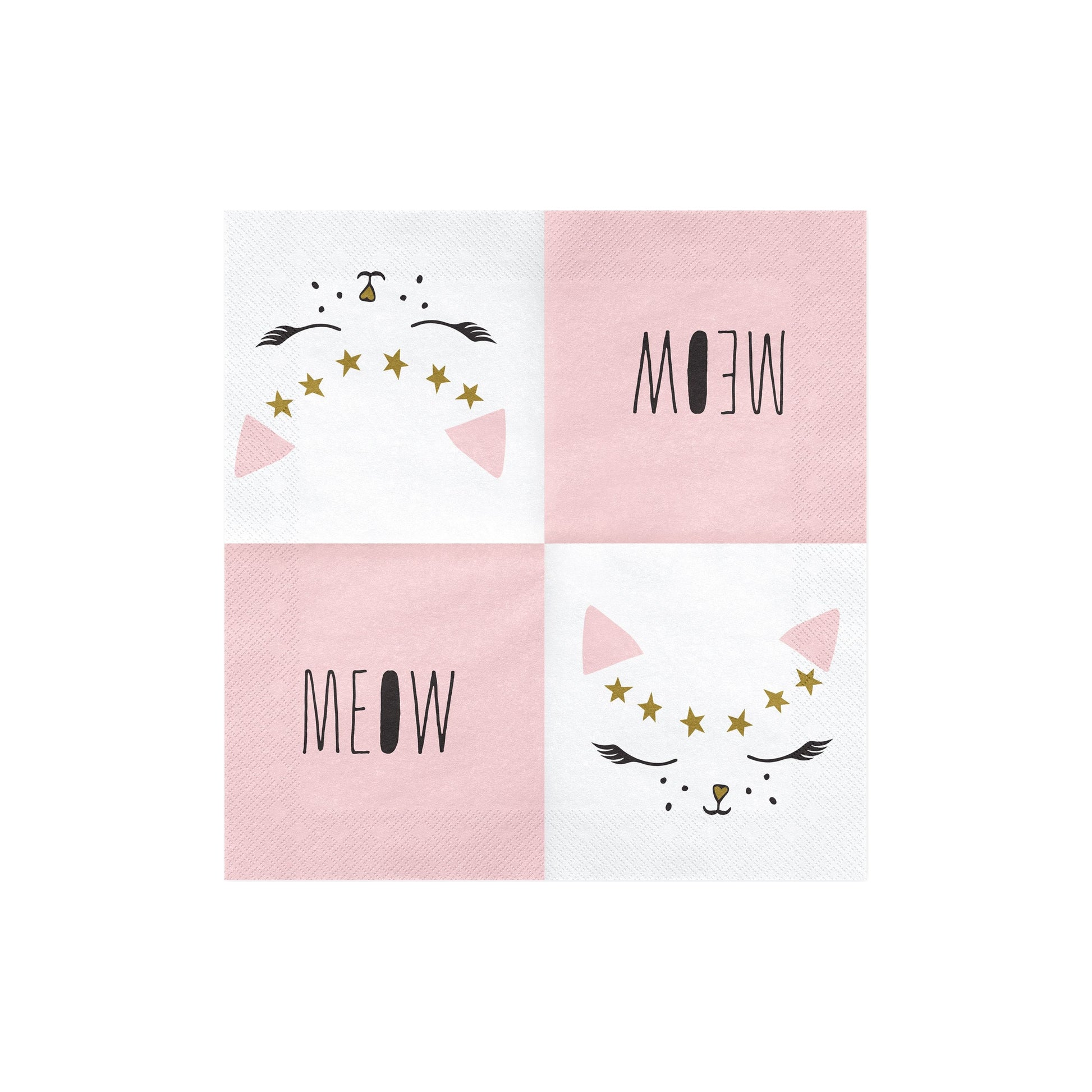 White napkins with cat face, pink ears and gold stars, perfect for kitty party table settings.