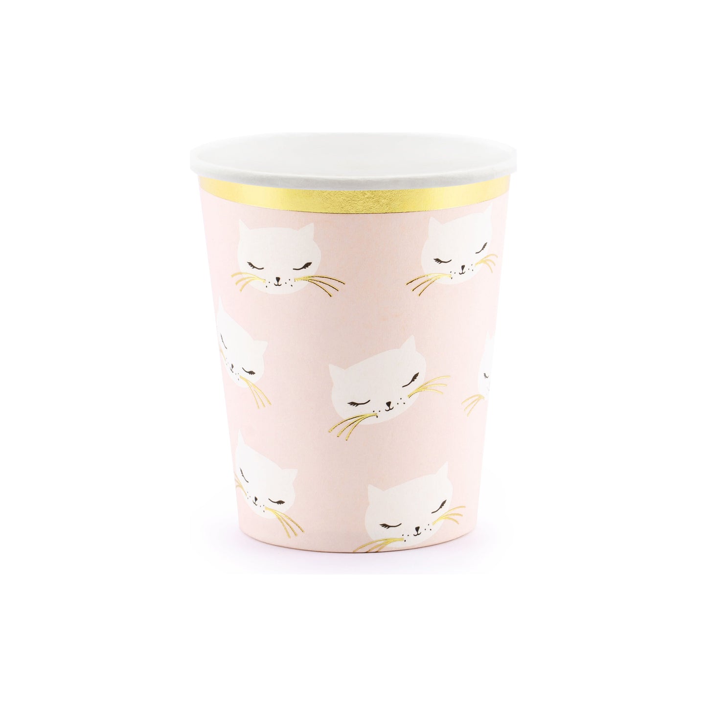 Pink paper cups with cute kitty faces and gold trim, ideal for drinks at cat-themed birthday parties.