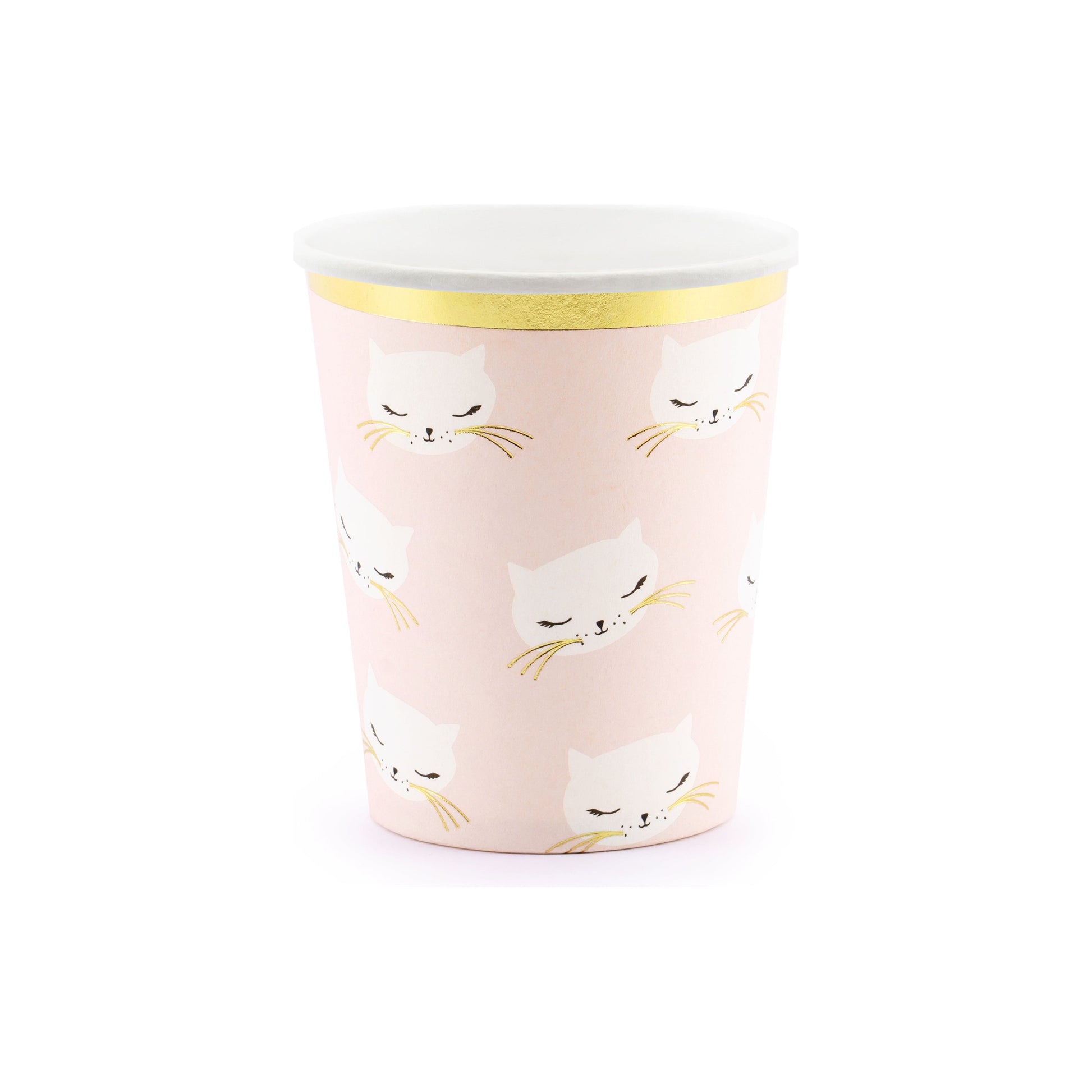 Pink paper cups with cute kitty faces and gold trim, ideal for drinks at cat-themed birthday parties.