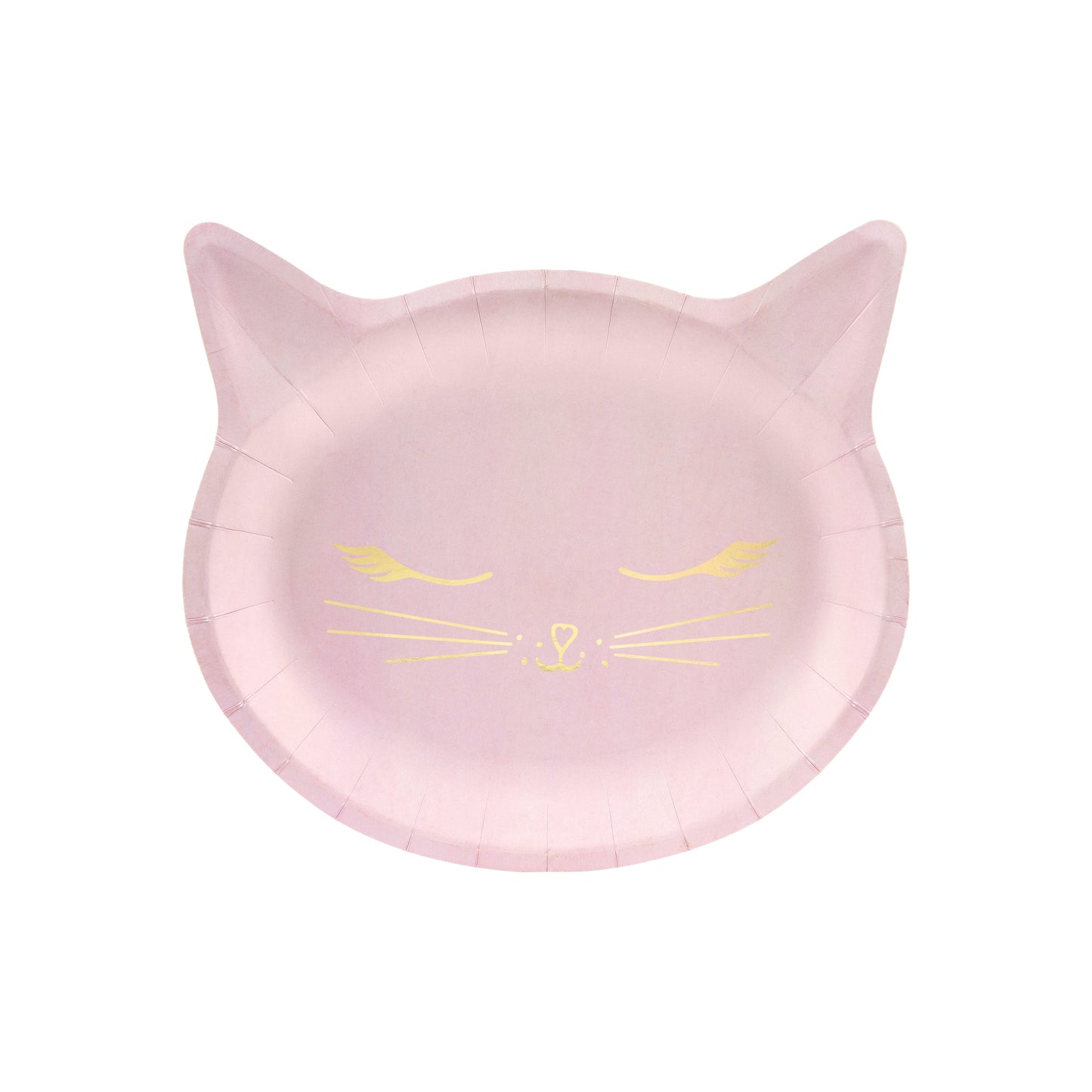 Pink cat-shaped paper plates with gold whiskers and details, ideal for serving snacks or cake at kitty-themed parties.