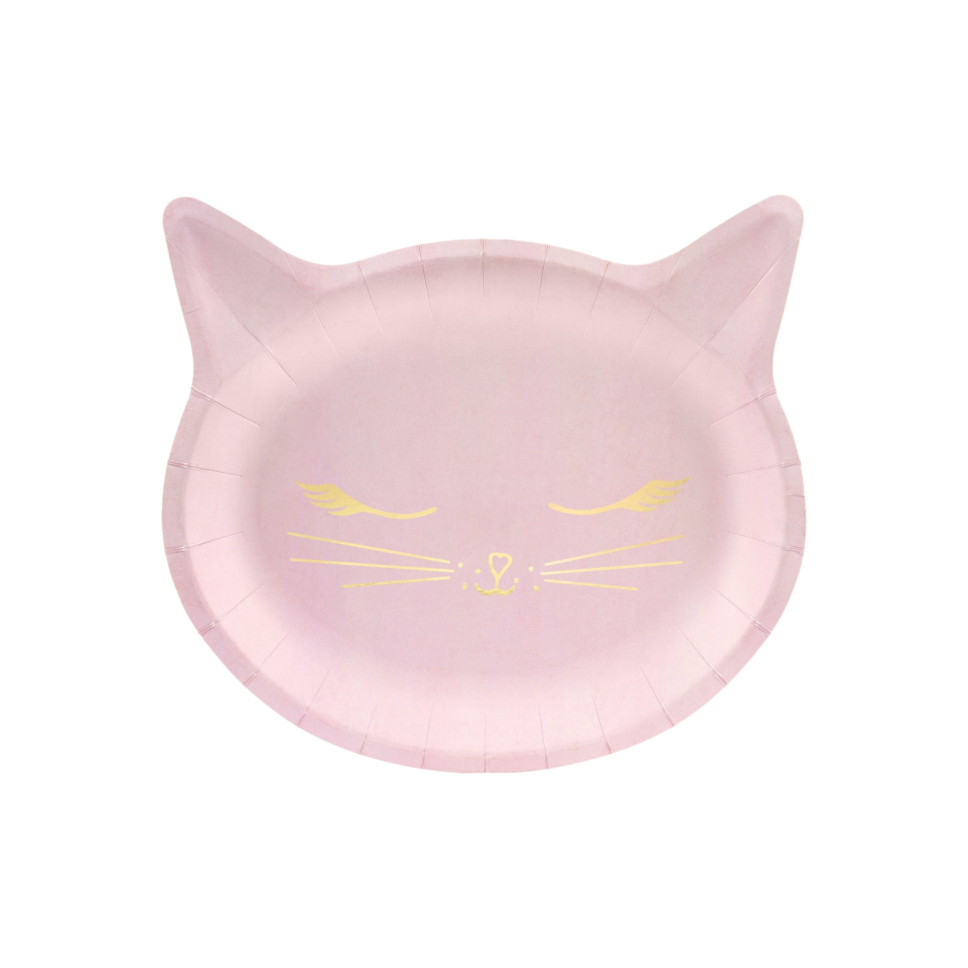 Pink cat-shaped paper plates with gold whiskers and details, ideal for serving snacks or cake at kitty-themed parties.