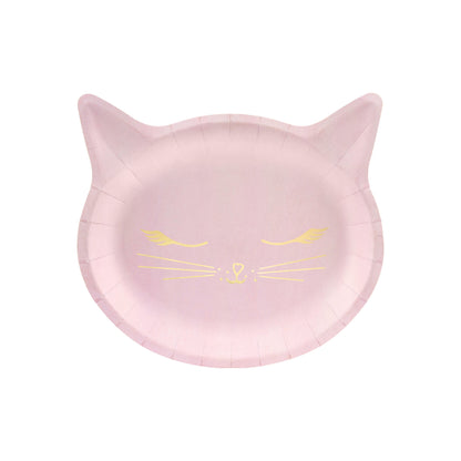 Pink cat-shaped paper plates with gold whiskers and details, ideal for serving snacks or cake at kitty-themed parties.