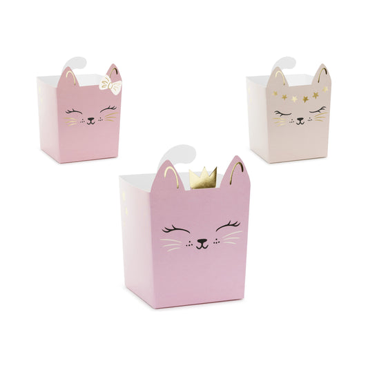 Set of pastel kitty-themed snack boxes with cute cat faces and gold details, perfect for holding treats at kitty birthday parties or cat-themed celebrations.