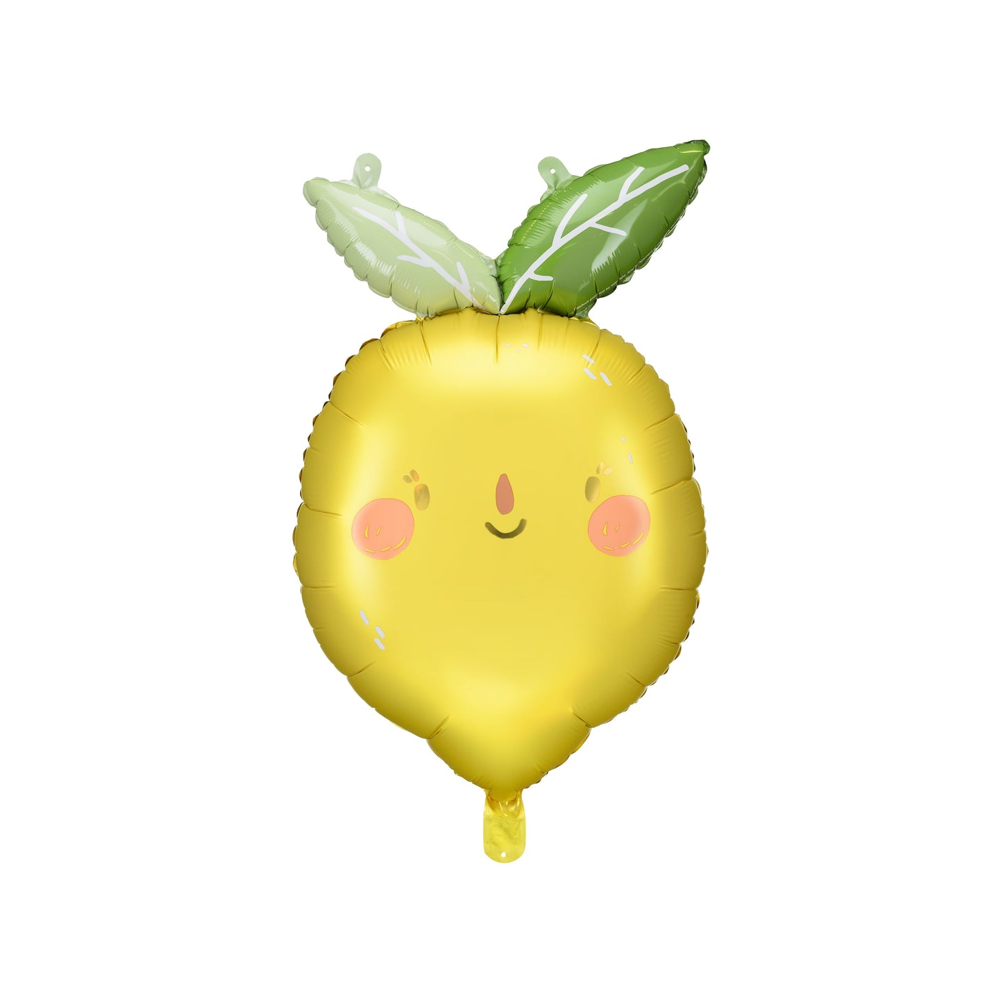 Smiling lemon foil balloon with green leaves – fruity summer party decoration