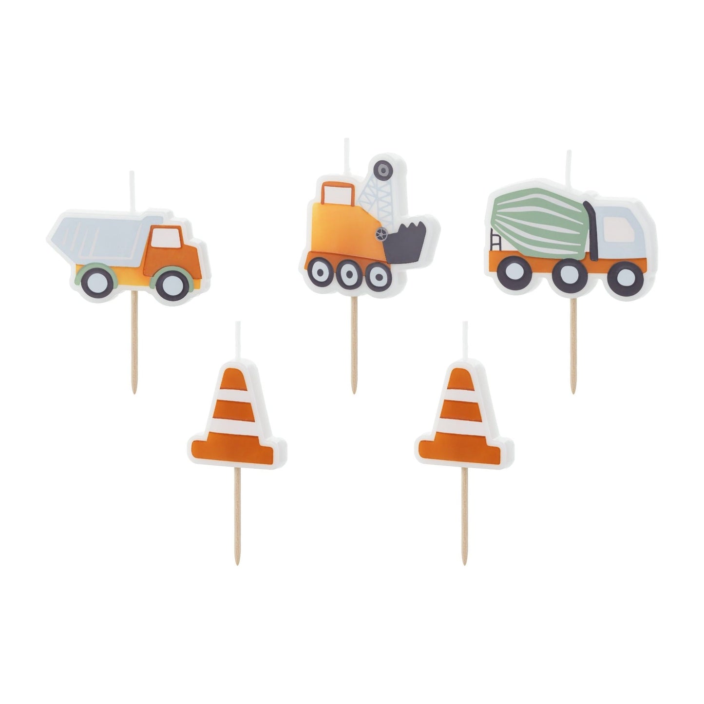 Birthday candles shaped like construction vehicles and traffic cones, ideal for a builder-themed celebration