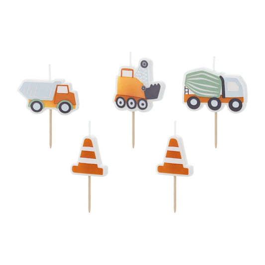 Birthday candles shaped like construction vehicles and traffic cones, ideal for a builder-themed celebration