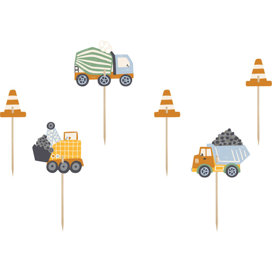 Cupcake toppers featuring cement mixer, excavator, dump truck and traffic cone designs for construction-themed parties