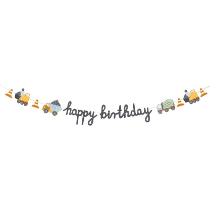 Birthday banner decorated with construction vehicles and traffic cones, featuring a playful 'Happy Birthday' message