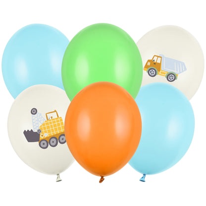 Colorful latex balloons with construction vehicle prints, including dump trucks and excavators, for kids' birthday parties