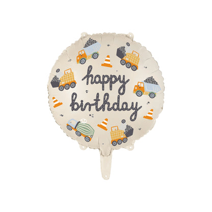 Round foil balloon featuring construction vehicles, traffic cones, and 'Happy Birthday' text, perfect for decorating a builder-themed party