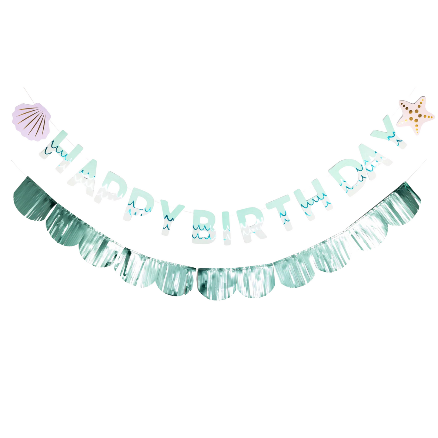 Mermaid-themed 'Happy Birthday' banner with decorative elements on a white background