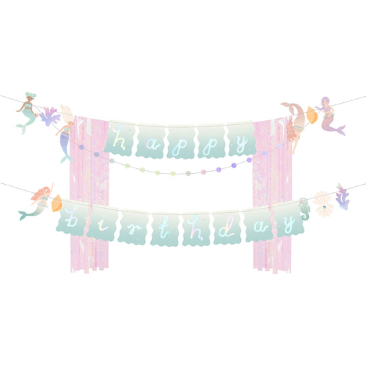 Mermaid-themed "Happy Birthday" banner with pastel letters and mermaid illustrations — perfect for ocean-themed celebrations.