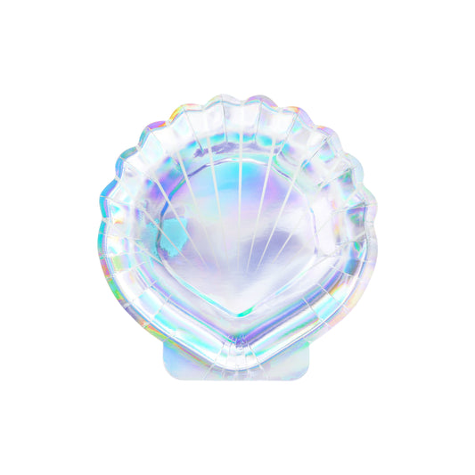 Iridescent paper plates shaped like seashells — perfect for mermaid or under the sea birthday parties.