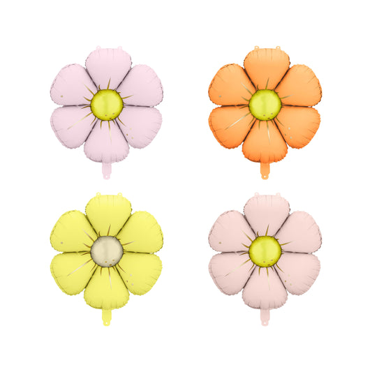 Set of pastel daisy foil balloons – pink, yellow, orange, and cream floral party decor