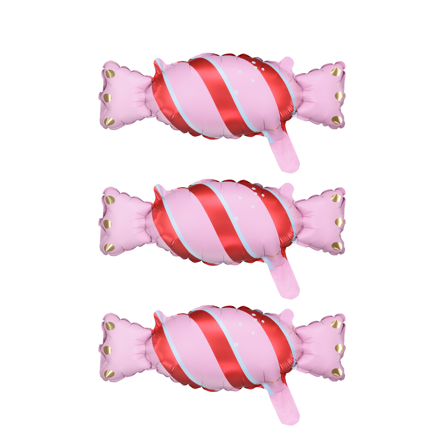 Three pink and red striped candy-shaped balloons on a white background