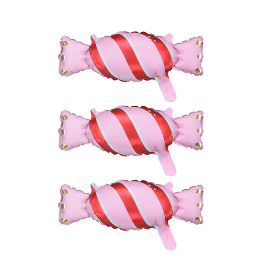 Three pink and red striped candy-shaped balloons on a white background