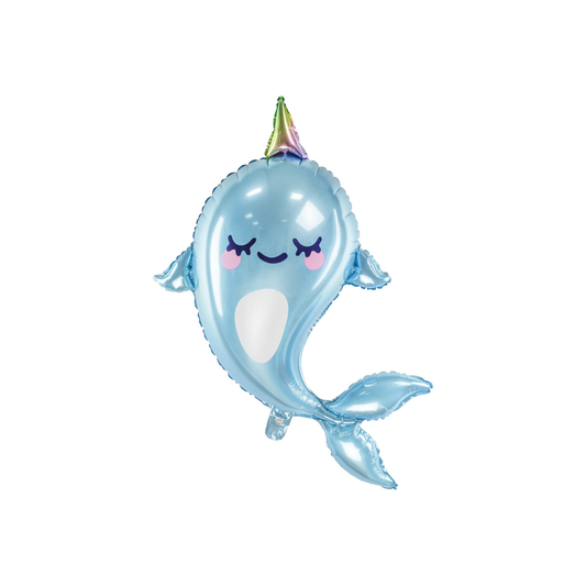 Cute blue narwhal foil balloon with a colorful horn — ideal for kids' ocean or mermaid birthday decorations.