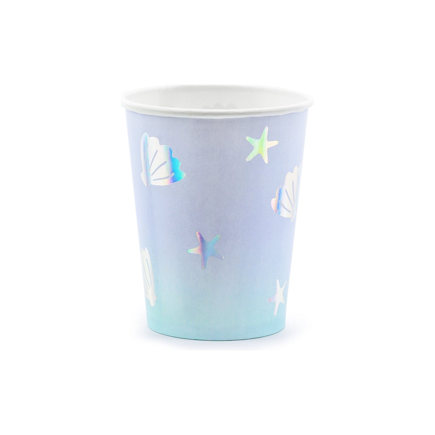 Light blue paper cups with holographic seashell and star illustrations — ocean party tableware.