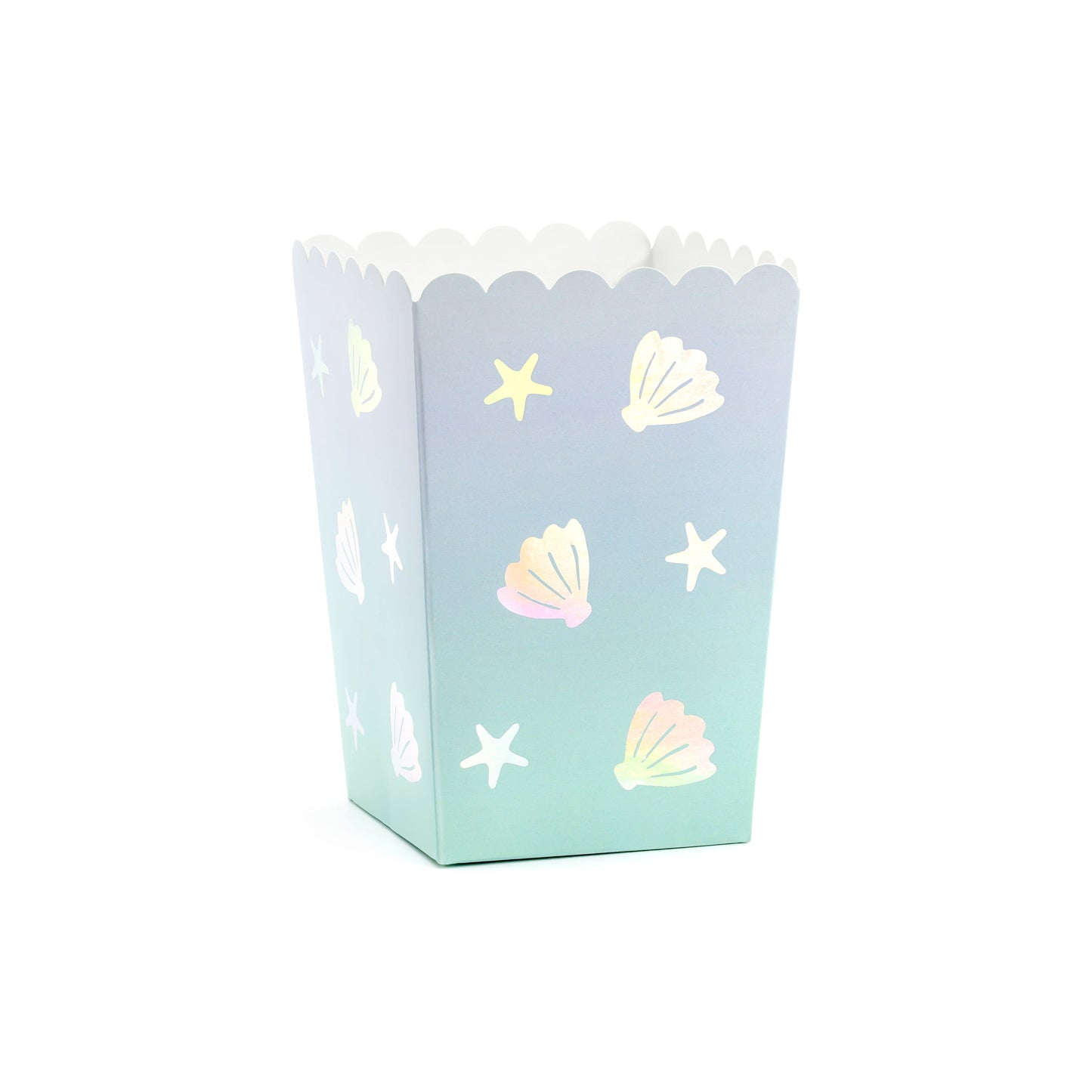 Ocean-themed popcorn boxes decorated with pastel seashell and star designs — ideal for party snacks.