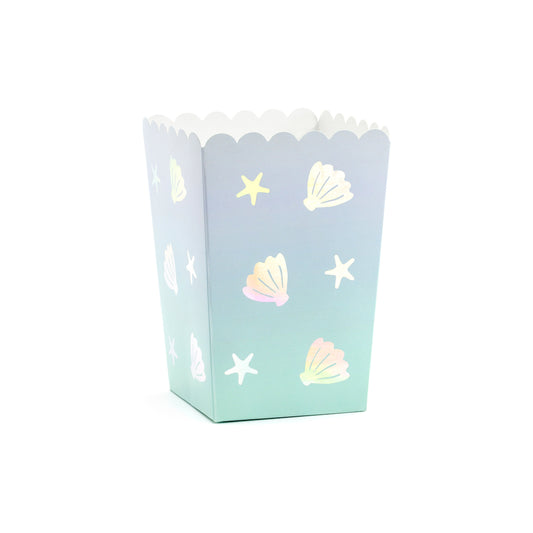 Ocean-themed popcorn boxes decorated with pastel seashell and star designs — ideal for party snacks.