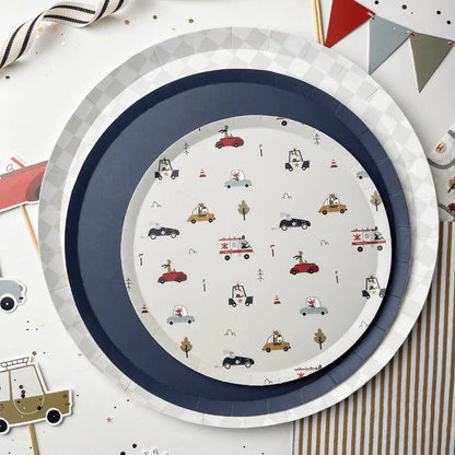 Children's plate with car pattern on a colorful background