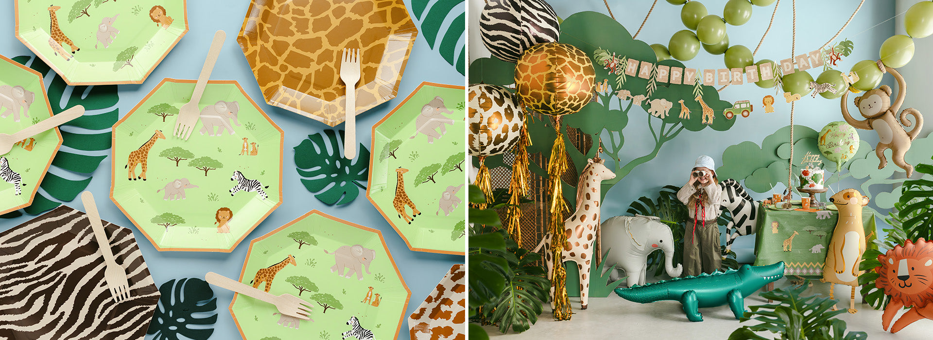 Jungle-themed party decorations with plates, cutlery, and a decorated room with foil balloons in a shape of animals.