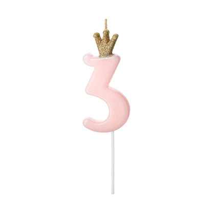 Pink Number 3 Candle with Gold Crown