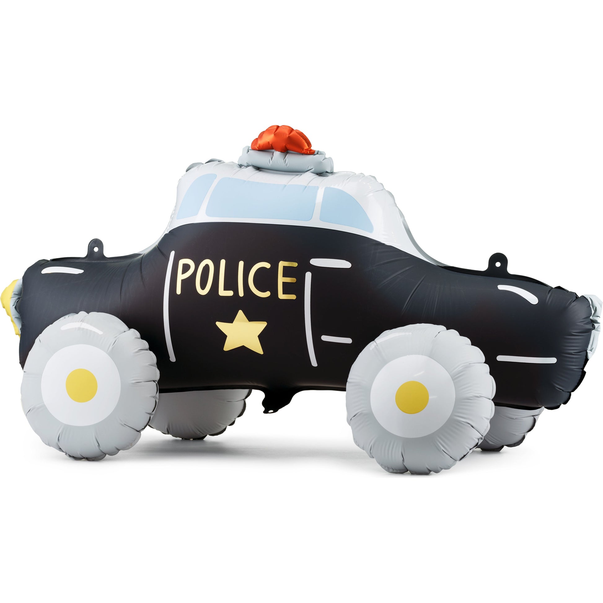 Black and white police car foil balloon with wheels – vehicle party decoration for kids