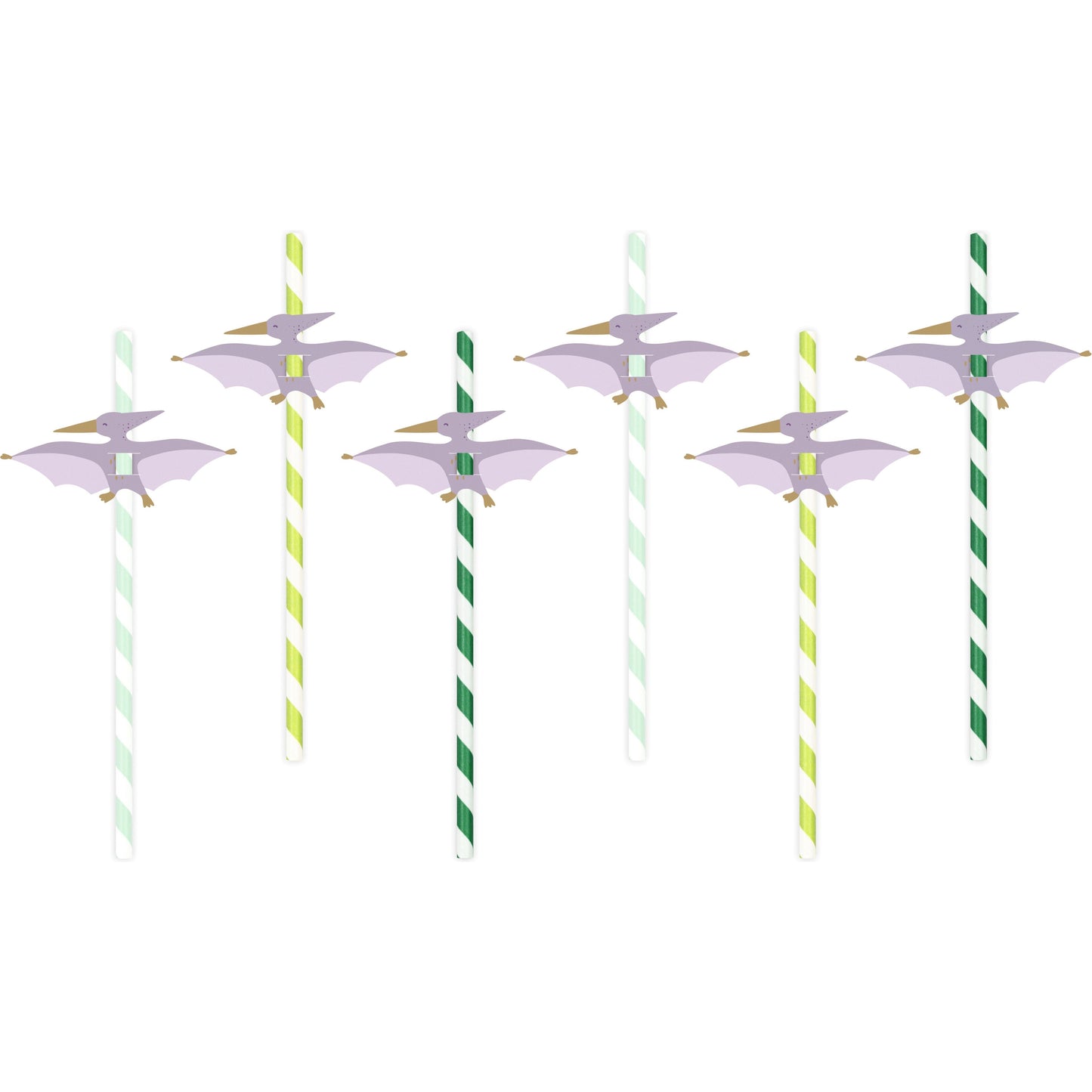 Set of green and white striped dino paper straws with pterodactyl toppers