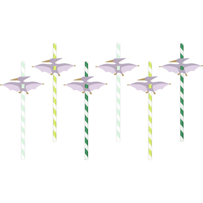 Set of green and white striped dino paper straws with pterodactyl toppers