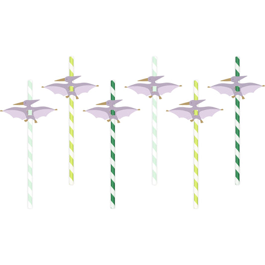 Set of green and white striped dino paper straws with pterodactyl toppers