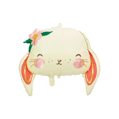 Cream bunny face foil balloon with pink ears and a flower crown, sweet decoration for baby showers or birthdays