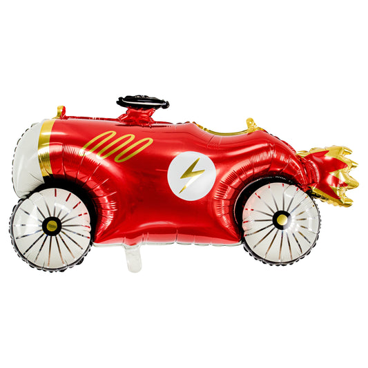 Red race car foil balloon with gold and white accents.