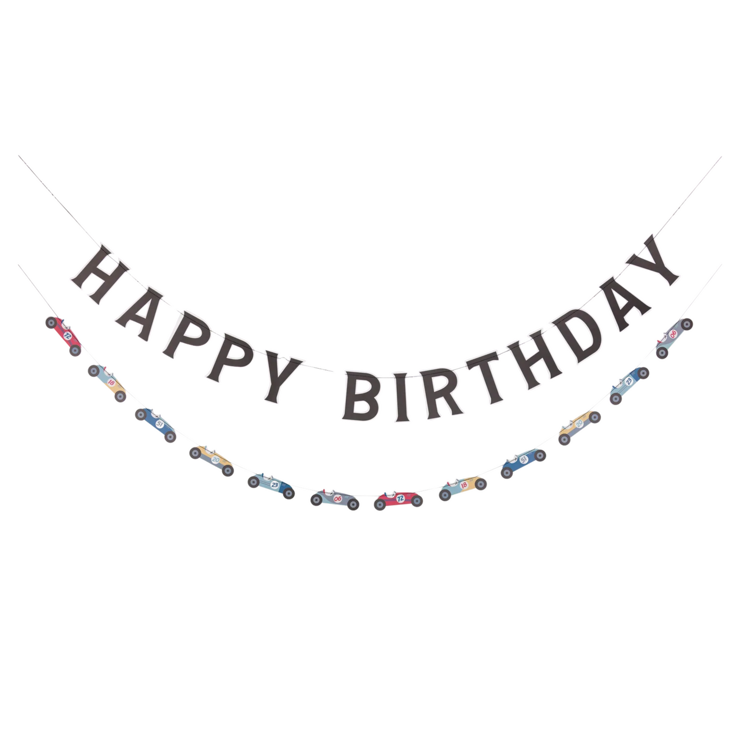 Happy Birthday banner with small car illustrations on a white background