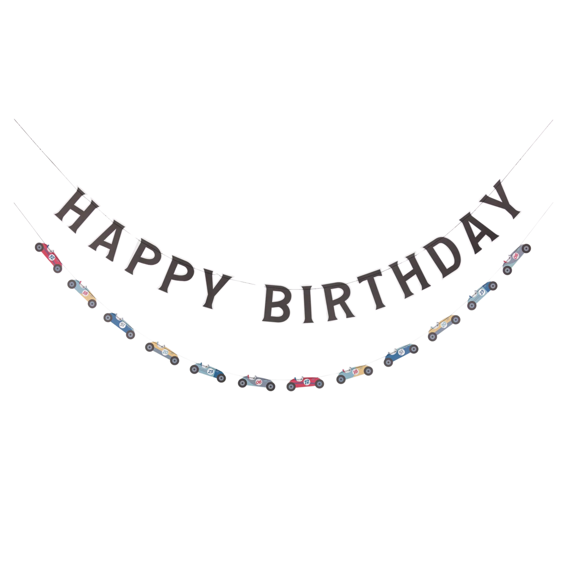 Happy Birthday banner with small car illustrations on a white background